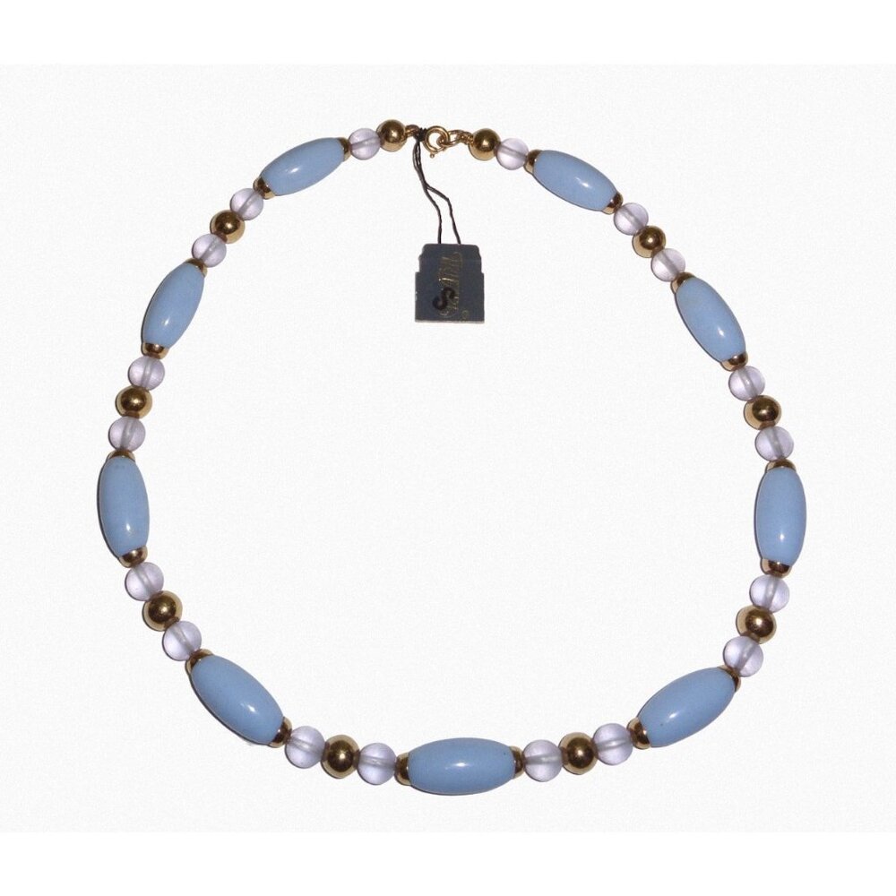 Vtg Trifari Pale Blue Oval Glass Gold Tone Beaded Necklace 18" Costume Jewelry